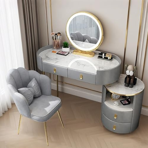 Vanity Desk with Mirror and Drawers, Bedroom Dressing Tables with Chair Makeup Desk - Modern Vanity Makeup Table Set for Girls Dresser Table Women Wooden Dressing Table (Grey, 100cm)