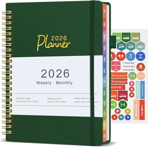 Kalender 2026 A5, mötesplanerare och veckoplanerare med månadsöversikt, studieplanerare, planerare januari till december 2026, skolplanerare anteckningsbok, mörkgrön