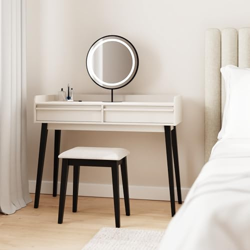 GFW Phoebe Dressing Table & Stool Set with LED Mirror, Modern Vanity Desk with Drawers & Cushioned Stool