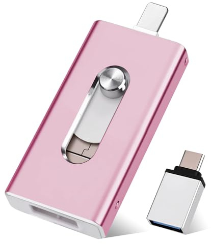 USB Stick 128GB für iPhone, MFi Zertifiziert 4-in-1 Speicherstick für iPhone/iPad/Android/PC, USB C & L OTG Flash Drive, Plug & Play Backup für Fotos & Videos, Schnellübertragung, Rosa (128GB)