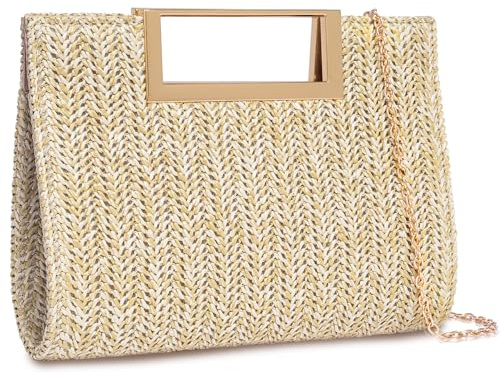 Larcenciel Bolso Mujer Paja, Bolsos Mujer Verano Playa con Asa Superior y Cadena Desmontable, Elegante Boho Sobre Rafia Clutch Fiesta, Casuale Bandolera Cartera de Mano para Bodas Vacaciones,24x4x17CM