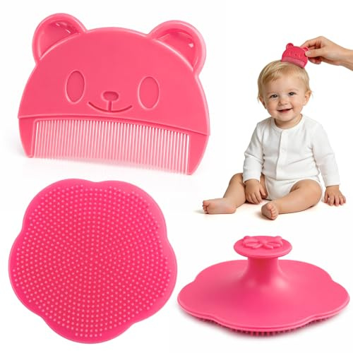 Baby Hair Brush, Cradle Cap Brush Treatment for Baby, Soft Scalp Massager Shampoo Brush and Baby Comb Set for Newborns & Toddlers (Pink)