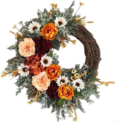 Door Wreath, Artificial Wildflower Garland, Front Door Wreath with Sunflowers Peonies and Pumpkins, Multi-Purpose Artificial Wreath, UV-Resistant Faux Floral Wreath (30 Cm)