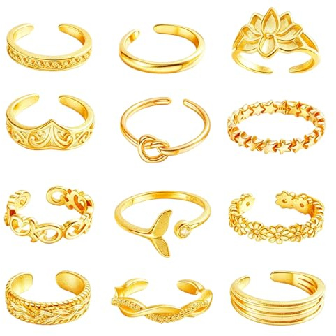 KSJEHW 12 Pcs Bague Orteil Femme Acier Inoxydable, Bague de Pied Réglable et Ouverte, Lot de Bagues d'Orteil pour Femme, Bijoux de Pied Été Plage, Bague Phalange Ajustable Style Bohème