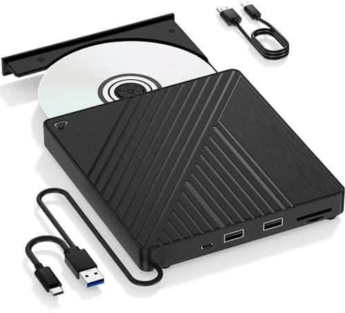 TUdcgjSXF 5-in-1 External Drive USB 3.0 & USB-C DVD/CD Burner Reader with 2 USB-A Ports & SD/TF Card Reader–for laptop PC Mac
