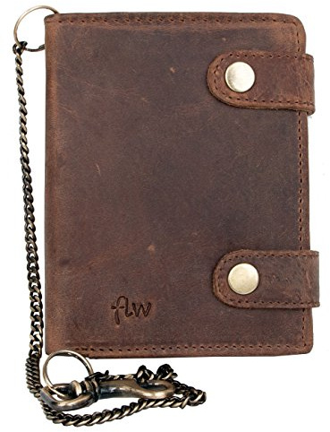 FLW Cartera de hombre de cuero genuino de motociclista con cadena y dos hebillas