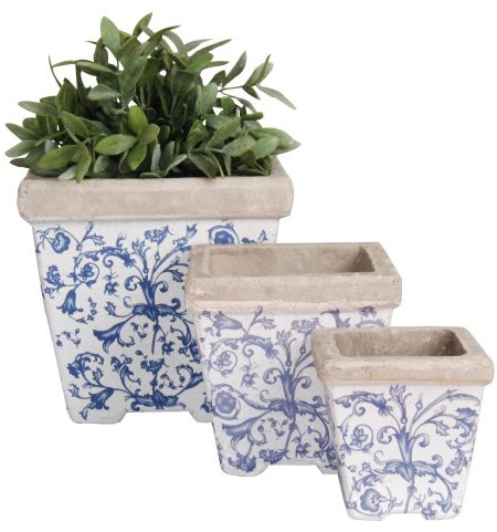 Esschert Design keramisk blomkruka set om 3, 3 olika storlekar, blåvitt blommönster