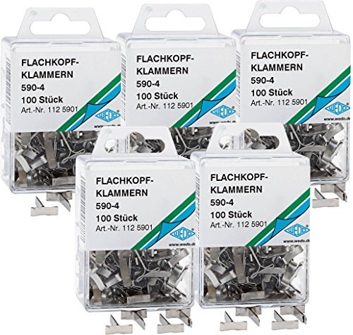 5 Dosen Wedo 1125901 Musterbeutelklammern (Flachkopf 590-4 in SB-Klarsichtdose, 500 stück) silber