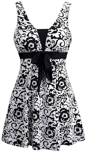 Wantdo Femme Maillots de Bain Une Pièce Robe pour Natation Sportif Impression Élasticité Imprimé Fleur Col en V Taille Plus Cache-Ventre Bretelles Larges Rembourré,Noir,EU52/ UK 24