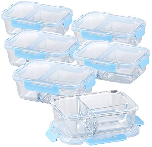 Rosenstein & Söhne Microwellen Geschirr: 6er-Set Glas-Frischhaltedosen mit Klick-Deckeln & 3 Kammern, 1 l (Glasschüssel mit Deckel Mikrowelle, Lunchbox Glas mit Trennwand, Mikrowellenteller)