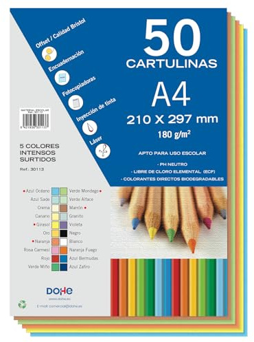 Dohe - Cartulinas A4 Colores Intensos para Manualidades e Impresión (50 uds.) - 21x29,7 cm - 180 g/m² - Material de oficina