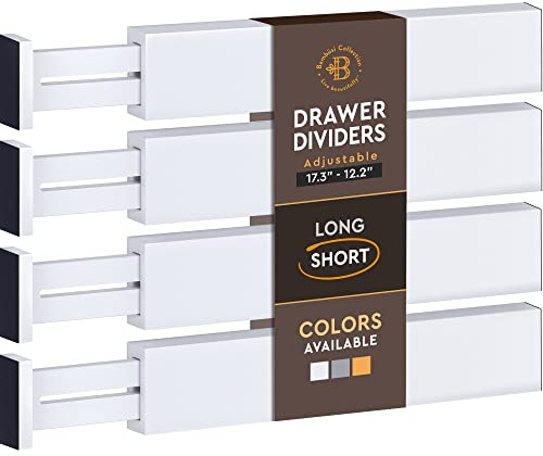 4-Pack Bamboo Drawer Dividers - 2.6 High, 12.5-17 Adjustable Drawer Organizers for Clothes, Expandable Dresser Separators in Bedroom/Bathroom/Kitchen/Office Organization and Storage (White)