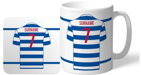 Personalised 'Back of Shirt' 11oz Mug & Coaster Set for Queens Park Rangers Supporters, with Club Colours, Ideal for Queens Park Rangers Fans