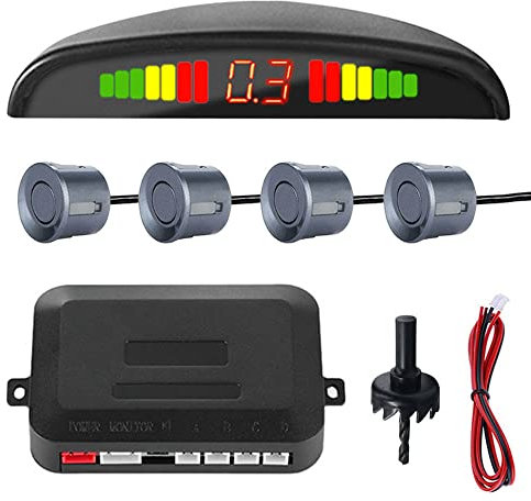 MOCNT Auto Einparkhilfe 4 Hinten Sensoren Rückfahrhilfe Kfz Rückfahrwarner Einparksystem Parksensoren Rückwärtsparkhilfe 12V LCD Display Buzzer Alarm Warnung Grau