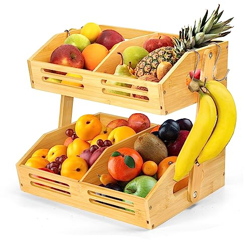 2 Tier Fruit Basket, Bamboo Fruit Basket For Kitchen Counter, Fruit and Vegetable Storage Bowl Stand Holder, Home Kitchen Countertop Organizer