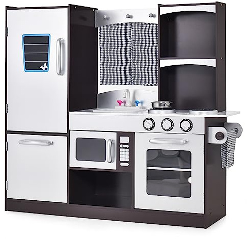 GOPLUS Cuisine Enfant en Bois de Sapin, Jeu de Cuisine Réaliste avec Tableau Noir, Réfrigérateur, Micro-Onde, Cuisinière, Évier et Four, Rangment Inclus, Cadeau pour Garçon Fille 3+ Ans, Marron