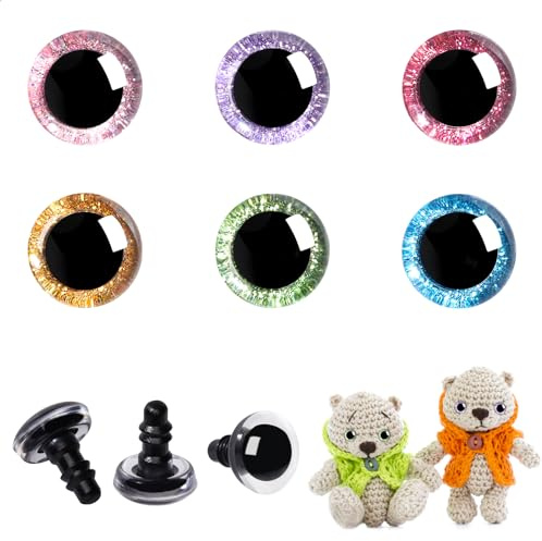 MUCUNNIA 60 Stück 16 mm glitzernde Kunststoff-Sicherheitsaugen für Amigurumi, runde Augen zum Basteln, Häkeln, Puppenaugen mit Unterlegscheiben, Stofftieraugen für DIY-Bastelarbeiten (6 Farben)