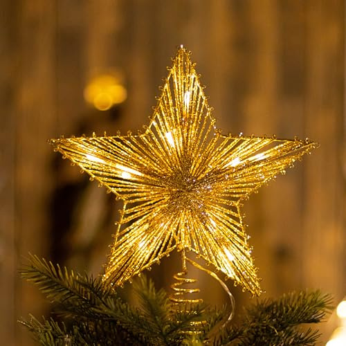 Weihnachtsbaumspitzen Stern 25cm Weihnachtsbaum Spitze Dekorationen,LED Christbaumspitze Gold Glitzer Weihnachtsbaum Glitzernder Metall Baumspitze Stern Weihnachtsdekoration