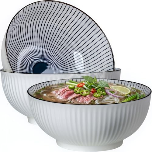 QINLANG Large Soup Bowls, Pho & Ramen Set of 3, 60 oz Blue & White Porcelain Big Bowls - Striped Pattern