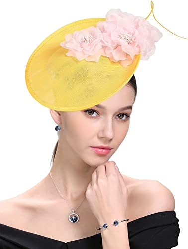 ELLYDOOR Fascinator für Damen, Netzschleife, Strass, Feder, Hochzeit, Teeparty, Derby, Hut, Clip, Stirnband, 020 Gelb/Rosa, Einheitsgröße