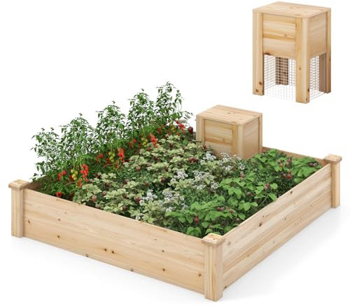 COSTWAY Hochbeet groß, Gartenbeet mit Kompostbehälter, quadratisches Pflanzkasten aus Holz, 300 L kapazität, Pflanzenbeet Frühbeet für Balkon Garten Terrasse, 124 x 124 x 25,5 cm, Natur