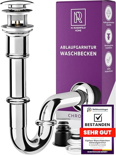 M. ROSENFELD HOME Siphon Waschbecken – Universal Röhrensiphon 1 1/4 für Waschtisch im Bad, Geruchsverschluss mit Abflussrohr, Komplettset mit Dichtungen & Rosette