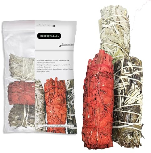 Clorophilla. Selección de 3 tipos de Smudge de salvia blanca, purificación, yoga, meditación y bienestar, 100% naturales hechos a mano 3 unidades – Guía incluida (Salvia blanca, salvia dragón y yerba