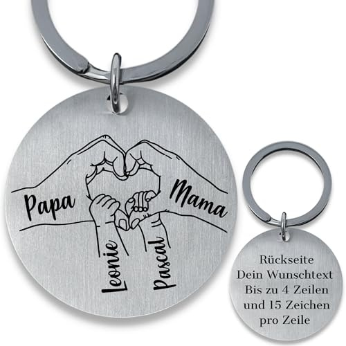 SMARTEON Personalisierter Schlüsselanhänger Edelstahl – Gravur Herz für Papa, Mama & Kinder – Individuell gravierter Schlüsselanhänger mit Namen der Familie als Geschenk