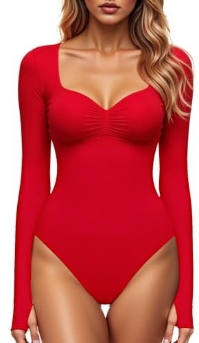 GJY Dam fyrkantig V-hals bodysuit sexig topp mode långärmad utomhus stretch toppar bodysuit kostym, Röd dragé, S