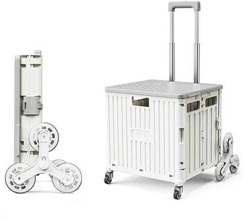 Carrello pieghevole in plastica con coperchio sicuro e capacità di 45 l, carrello portatile su ruote, per giardino, traslochi e viaggi, carriola multiuso, ideale per colore bianco