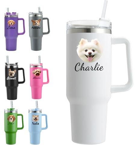 Gobelet personnalisé de 113 cl avec anse et paille, gobelets personnalisés avec nom et photo, cadeaux pour les amoureux des animaux, bouteille d'eau réutilisable en acier inoxydable, mug de voyage