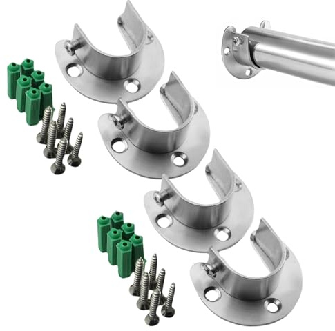 4 Pcs Stainless Steel Wardrobe Rail Bracket Holders Curtain Pole Brackets,Wall Mounted Stands,Armoire Rods Fittings,Cupboard Poles Sockets,Flange Rails Rod End Holder,With Screws for 25mm Closet
