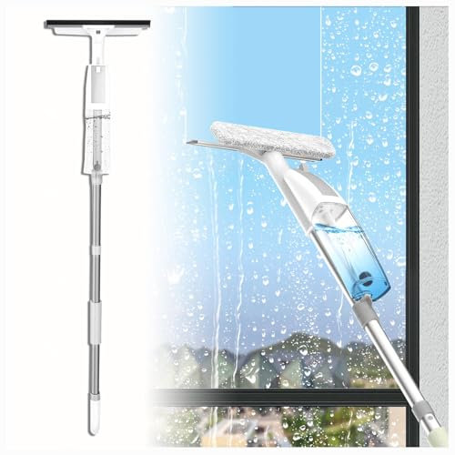 HJXBD888 3 en 1 Spray Limpiador De Cristales con Poste Telescópico, Maquina Limpia Cristales con 3 Paños Microfibra para Ventanas Altas Interiores/Exteriores