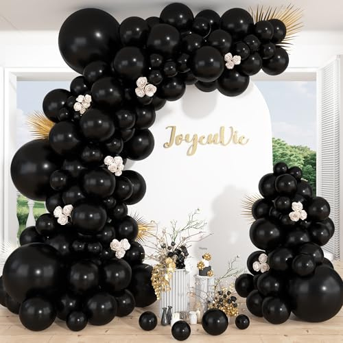 136 Stück Schwarze Luftballons (5/10/12/18 Zoll), Schwarze Luftballons mit 1 Rollen Ballon Girlande Streifen und 100 Stück Ballon-Festkleber für Partys, Halloween, Geburtstage