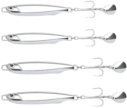 ZKFSIE 4 Pcs Fishing Lures, Mackerel & Bass Lures, Sea Fishing UK, Lakes & Rivers, Mackerel, Cod, Sea Bass, Treble Hooks, Casting Spinners, Metal Jigs