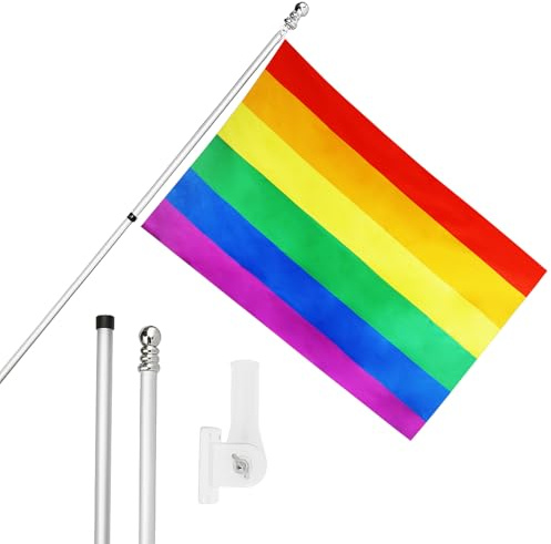 Rainbow Pride Flag, Flagpole and Wall Mount Set - 5ft x 3ft Rainbow Flag with Grommets, Extendable Pole and Mount - Pride Month Indoor Outdoor Decoration LGBTQ+ Festivals and Celebrations