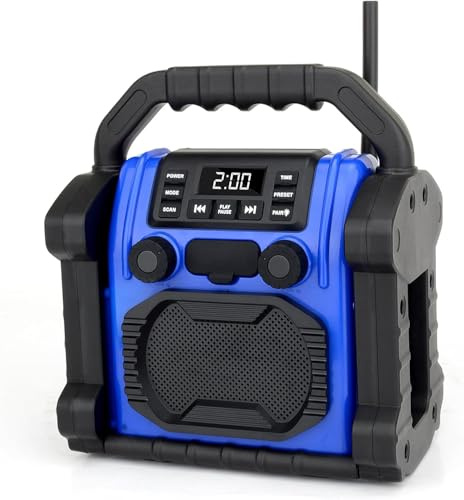 Outdoor Radios Waterproof Bluetooth Speaker ，8000mAh Battery ，30W IPX 66, Cell Phone Charging, Portable with LED Lights, Anticollision Fm Clock Radios for Workshop/Outdoor/Camping (Blue)