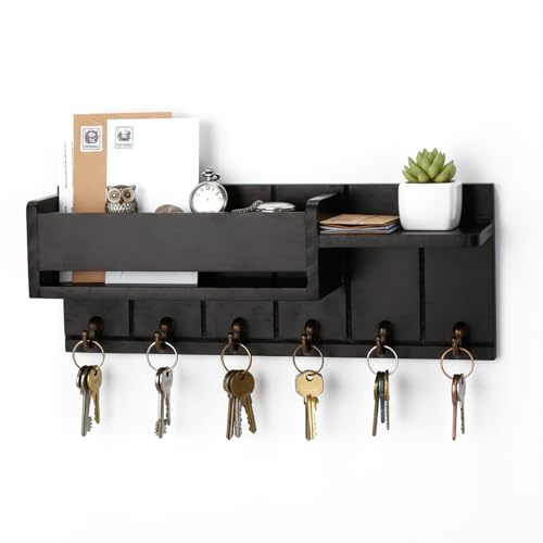 VINATO Schwarz Schlüsselbrett Holz mit Ablage, Schlüsselhalter Wand mit 6 Schlüsselhaken, Schlüsselboard Wand, Schlüsselaufhänger für Eingang, Flur, Wohnzimmer
