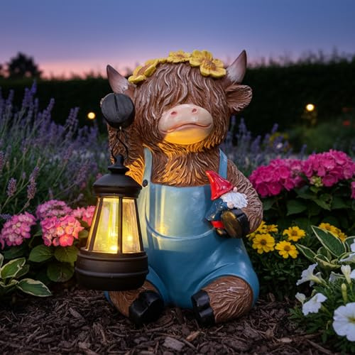 Ornements de jardin en forme de vache Highland - Ornements solaires de vache des Highlands portant un pantalon bleu avec lanterne et nain, décoration de jardin avec tournesols pour cour, pelouse