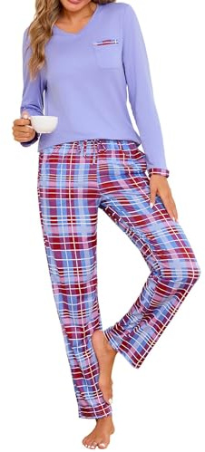 Jahetuul Pyjama Femme en Coton avec Pantalon à Carreaux avec Poches | Coton doux, taille élastique, poches pratiques, à carreaux pour la nuit, la détente et les moments à la maison.