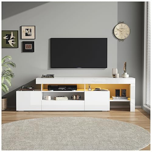 Wyibwy Mueble de TV blanco 192 x 37 x 53 cm, con tres compartimentos, iluminación LED, base y soporte de TV brillantes, estante de TV y mueble, apto para televisores de hasta aproximadamente 85