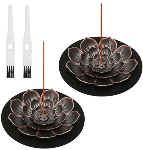 2 Stück Räucherstäbchen Halter Metall, 6 Loch Räucherstäbchenhalter Lotus mit Untersetzer und Bürste, Abnehmbar Incense Holder Weihrauchhalter für Meditation, Yoga, Dekoration