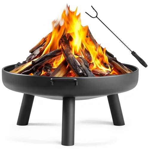 LEADZM Feuerschale Feuerkorb Ø80 cm Schwarz | Eisenkonstruktion, 2 Stabile Griffe Mit Feuerhaken, Für Holz & Kohle, Feuerstelle Für Garten, Terrasse Und Outdoor Lagerfeuer