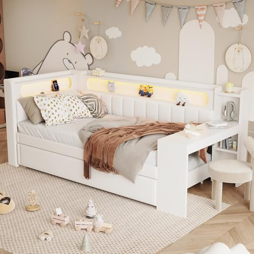 Merax Kinderbett 90x200 cm Einzelbett mit gepolstertem Kopfteil, LED-Ablagefach, Multifunktionsbett mit Schreibtisch, USB-Steckdose und Ausziehbett, Holzbett mit Lattenrost (Ohne Matratze), Weiß
