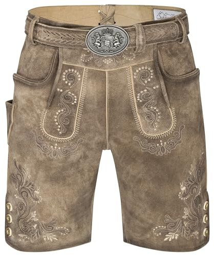 Schöneberger Trachten Couture Herren Lederhose kurz mit Trachtengürtel Hirsch, Antik Trachtenhose für Oktoberfest aus Nubukleder, Vintage braun Wiesnbock (52)
