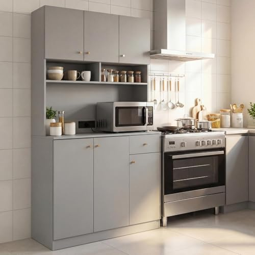 TANGZON Tall Kitchen Cupboard, 180CM Wooden Storage Cabinet with AC Outlets, USB Ports, Adjustable Shelves, Countertop, Drawer & Anti-tipping Kit, Freestanding Dining Living Room Sideboard (Grey)