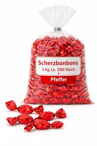 Scherzbonbons 1 KG Großpackung (ca. 300 Stk.) | Wähle deine Sorte: Senf, Pfeffer oder Zungenfärber | Lustige Süßigkeiten | Party Gag, Scherzartikel für Halloween & JGA (Pfeffer)