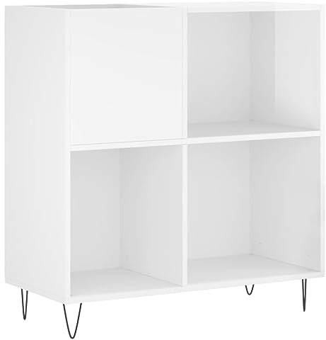 Gabinete de Discos de Madera de Ingeniería, Soporte de Almacenamiento de Vinilo con Patas de Hierro para Tocadiscos (Blanco Alto Brillo)