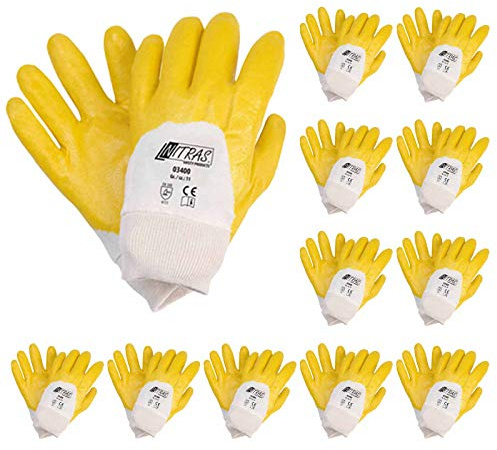 Nitras 03400 Nitrilhandschuhe mit Strickbund gelb - teilbeschichtet auf Baumwoll-Trikot Handschuh - VPE 12 Paar, Größe:9 (L)