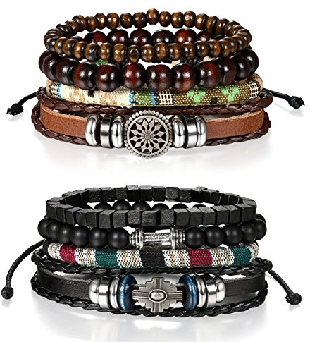 OIDEA Herren Leder Armband Set, Punk Rock Stil Geflochtene Vintage Lebensbaum Engelflügel Feder Armreifen, Legierung, Braun Silber schwarz 3pcs